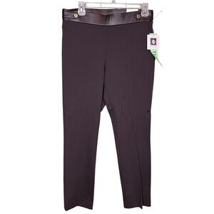 Anne Klein Pants Womens Petite Medium Brown Slim Ankle Faux Leather Trim PM